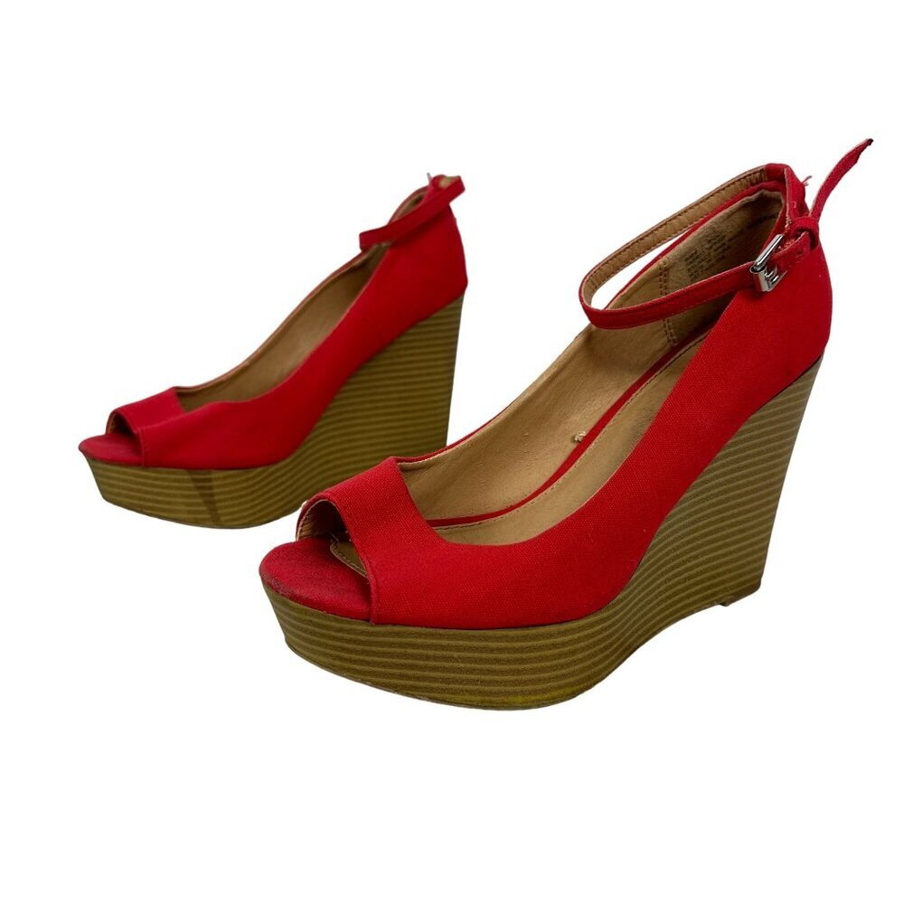 Report Womens Red Peep Toe Wedge Sandals With Ankle Strap Size 7